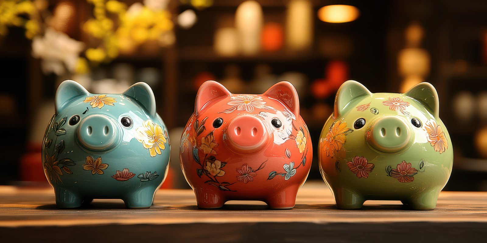 Colorful ceramic piggy banks display on a wooden table in a cozy interior setting with decorative elements in the background